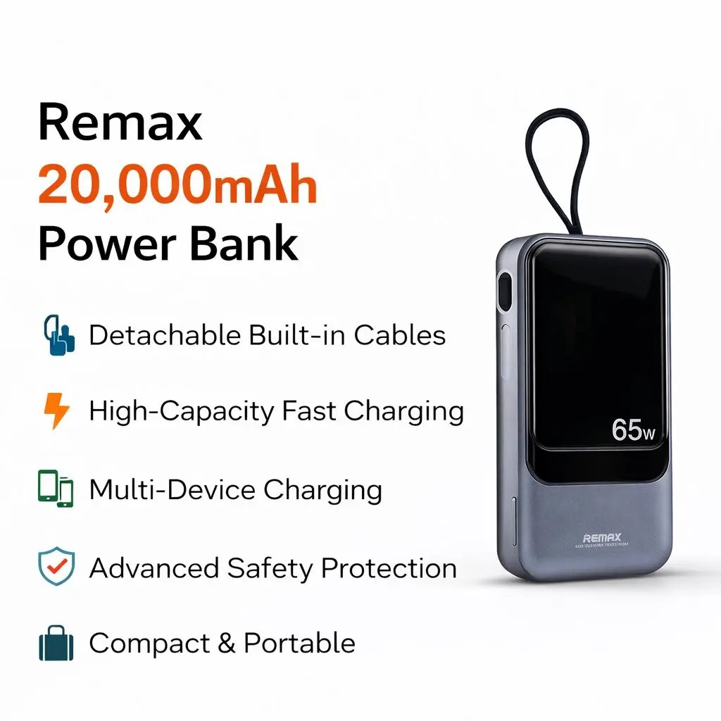 Remax 20000mAh Power Bank with Detachable Cables